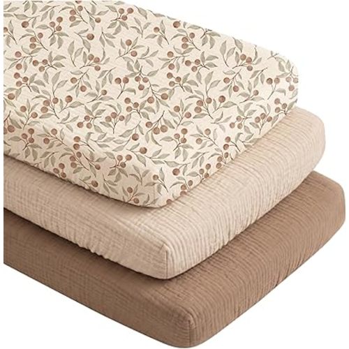 Niceye Muslin Baby Bassinet Sheets 3-Pack 100% Cotton (33" x 21") Bedside Sleeper Bassinet Fitted Sheets for Rectangle Mattresses, Unisex for Baby Girl/Boy (Khaki)