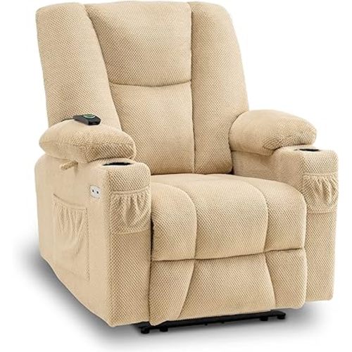 MCombo Zero Gravity Power Recliner Chair with Heat and Vibration Massage, Reclining Chair with USB & Type C Ports, Cup Holders for Living Room, Fabric 8015 (Beige)