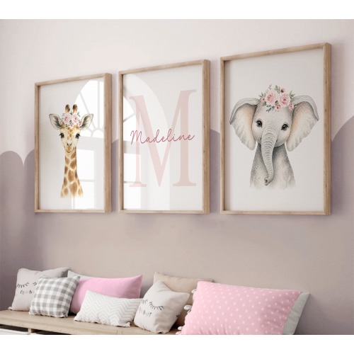 Girl Nursery Prints, Safari Floral Animals, Baby Girl Room Decor, Jungle, Floral Nursery Wall Art Set of 3 Pink Nursery Art 305I
