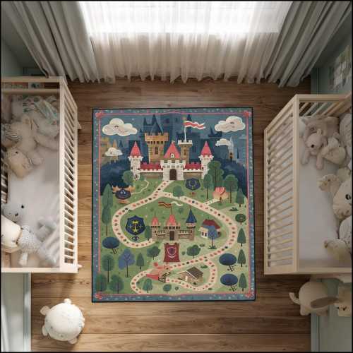 Castle Nursery Rug, Playroom Decor, Kids Educational Road Map Carpet, Twin Crib Room Area Rug, Fairytale Fortress Theme Mat