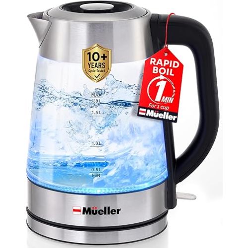 Mueller Rapid Boil Electric Kettle 1.8L – Borosilicate Glass & Stainless Steel – BPA-Free Tea Kettle, LED Light, Auto Shut-Off, Boil Dry Protection Water Heater – Fast Heating, Kitchen Appliances