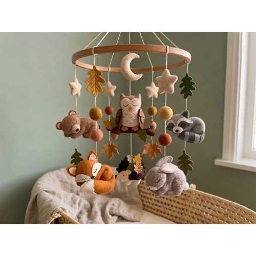 Woodland Nursery mobile fox cub, bear cub, raccoon, and a bunny is a boho mobile with moon and stars gender‑neutral gift for a baby’s birth