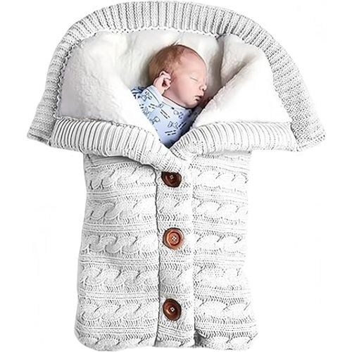 insular Warm Baby Sleeping Bag Envelope Winter Kid Sleepsack Footmuff Stroller Knitted Sleep Sack Newborn Knit Wool Swaddling Blanket (White)