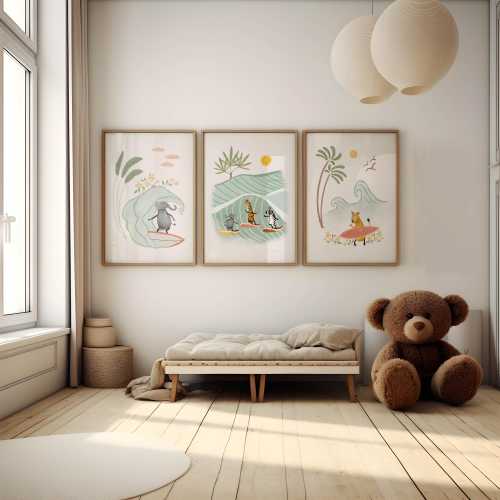 Kids Surfing Art Print Set – Set of 3 Surfing Prints For Children's Room - Kids Tropical Room Decor