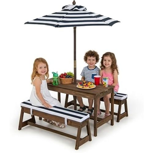 Costzon Kids Picnic Table, Toddler Wood Table & Chair Set w/Cushions, Height Adjustable Umbrella, Children Activity Table Outdoor Furniture Set for Patio, Garden, Backyard, Gift for Ages 3-8 (Blue)