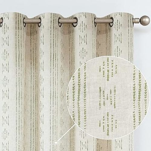 jinchan Boho Curtains Linen Blend Curtain for Living Room Farmhouse Curtains 63 Inch Length Geometric Striped Mudcloth Light Filtering Bedroom Window Grommet Curtain 2 Panels Sage Green on Beige
