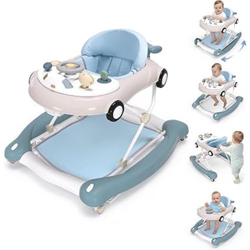 Baby Walker, 5-in-1 Baby Walker for Boys and Girls with Bouncer, Removable Footrest, Music, Foldable & Adjustable Speed Wheels Activity Walker for 6-18 Months Toddler Infant(Haze Blue)
