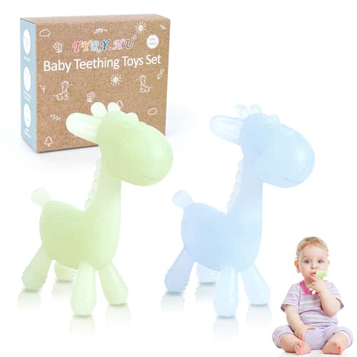 TYRY.HU Baby Silicone Teether Toys for Babies 0-12 Months,BPA Free,2 Pack | Giraffe Teethers Toys, Soft-Textured Chew Toys, Montessori Sensory Toys for Boys Girls Teething Relief, Easy Clean