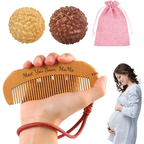 Birthing Comb and Massage Ball for Labor Pain, Wooden Labor Comb with 2 PCS Acupressure Balls Set, Birth Comb for Moms Pain Relief, Pregnancy Hospital Bag Essentials for Pregnant Women