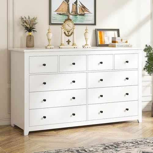 EnHomee White Dresser for Bedroom with 10 Drawer, Multi-Layer Organization | Modern Wood Chest, 52"W TV Stand Versatile for Living Room Entryway Closet, Metal Frame and Handles, Smooth Glides, Anti-Tip