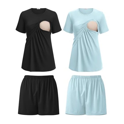 Ekouaer 2 Pack Women's Nursing Pajamas Set Double Layer Maternity Pjs Postpartum Loungewear Set Breastfeeding Tops & Shorts