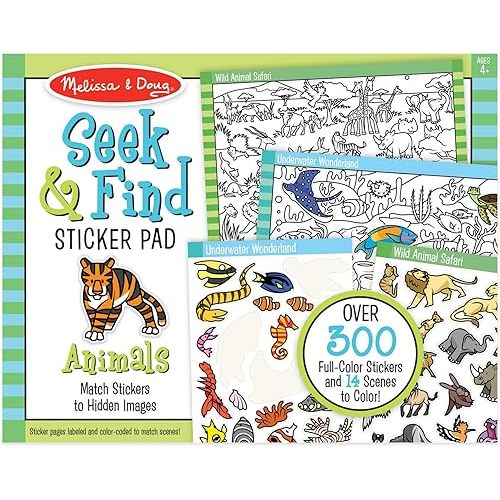 Melissa & Doug Seek and Find Sticker Pad, Animals (400+ Stickers, 14 Scenes to Color) Search and Find Sticker Pads, Arts and Crafts Activity for Kids Ages 4+ - FSC-Certified