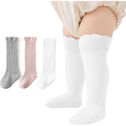 Zando Baby Girls Knee High Socks 3-Pack, Soft Cotton Long Tube Ruffle Socks for Preemie Infant Newborn Toddler 0-3T