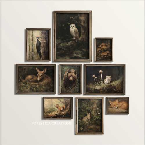 Set of 9 Forest Prints | Cottagecore Gallery Wall Set, Mushroom Decor, Woodland Nursery Set, Vintage Animal Wall Art, Oil Painting Aesthetic