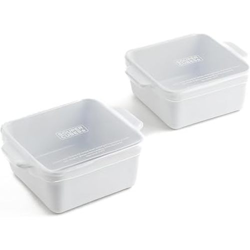 Souper Cubes Stoneware 2.0-5" x 5" Baking Dishes for Oven, Made in USA, Premium Mini Ceramic Baking Dishes with Silicone Covers for Individual Portions, Set of 2 - White