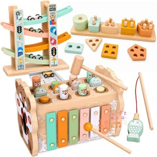 Weilim Montessori Toys for 1 Year Old, 3-in-1 Wooden Hammering & Ramp Toy