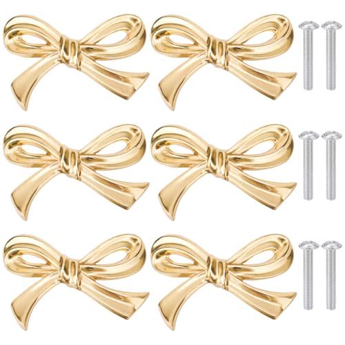 6pcs Bow Shape Cabinets Knobs, Brass Bow Furniture Door Pulls Vintage Gold Drawer Knobs Decorative Bow Dresser Handle Gold Bow Hardware for Dresser Home Kitchen Cupboard Drawer Wardrobe Pulls