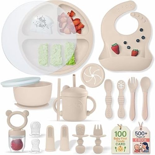 BPA-Free Silicone Baby Feeding Set | Extra Large Suction Plates, Toddler Bowls, Self Feeding Spoons, and More | Dishwasher Safe| Baby Led Weaning Supplies（Beige）