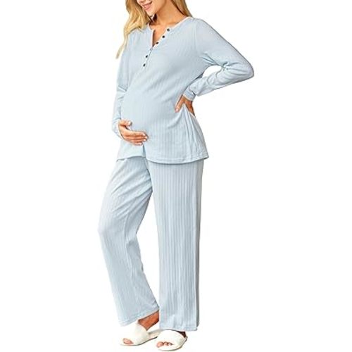 OUGES 100% Cotton Womens Maternity Nursing Pajamas Sets 2 Piece Pregnancy Delivery Postpartum Lounge Pjs with Pockets