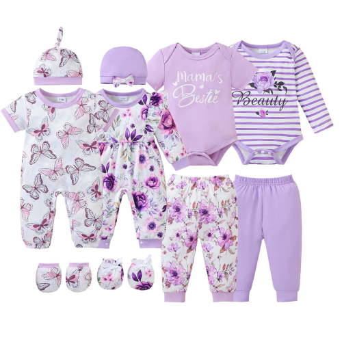 KIMI BEAR Newborn Baby Girl Layette Set 0-3 Months Shower Gift Sets 4 Packs Romper Pants Sets Long Sleeves Short Sleeves Floral Bodysuit with Hat Gloves 10pcs Purple