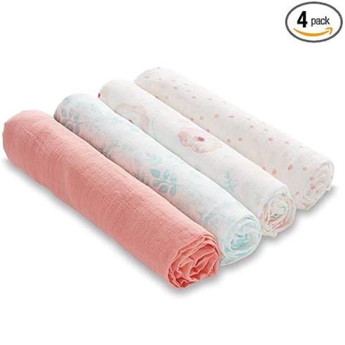aden + anais Essentials Muslin Swaddle Blankets for Baby Girls and Boys, Newborn Receiving Blanket for Swaddling, 100% Cotton Baby Swaddle Wrap, 4 Pack, Full Bloom