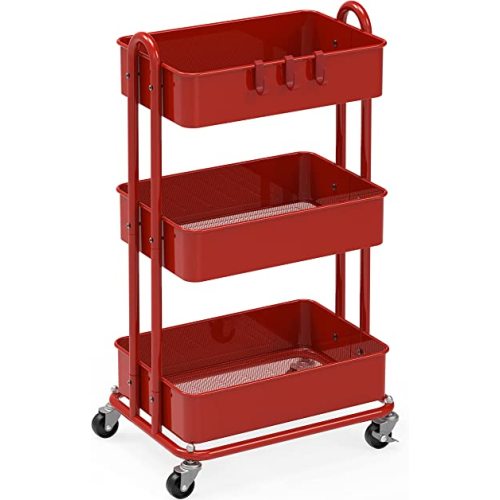 Simple Houseware Heavy Duty 3-Tier Metal Utility Rolling Cart, Red