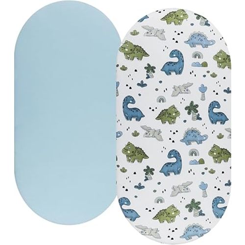 Bassinet Sheet Set 2 Pack Snug Fitted Cradle Fitted Sheets, Stretchy Ultra Soft, for Oval Rectangle Hourglass Bassinet Mattress, Unisex Boy Girl, Light Blue & Dinosaur