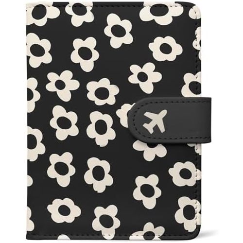 Passport Holder, Travel Wallet Cover with Pen Loop | Cute RFID Blocking Leather Case with Magnetic Closure for Travel Essentials-Flower