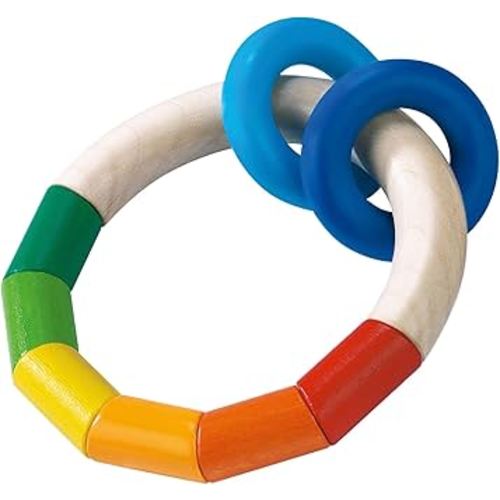 HABA Wooden Rainbow Teething Rattle Toy for Babies 0-18 Months - Kringlering Wood Grasping Toy with Plastic Rings - Sensory Toys for Babies, Made in Germany