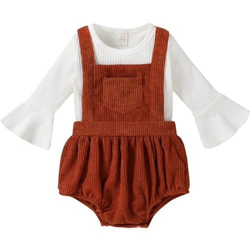 Tiny Cutey Newborn Baby Girl Clothes Bell Sleeve Romper and Corduroy Overalls Shorts Infant Girl Fall Outfits