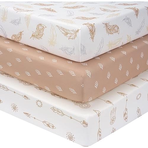 Baby Crib Sheets for Boys and Girls, 3 Pack Toddler Bed Sheets for 52”x28” Standard Toddler Mattresses, Soft Microfiber Fitted Crib Sheets Neutral Brown Feather