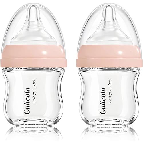 Gulicola Small Glass Baby Bottle for Newborn Breastfeeding Babies, Preemie & Extra Slow Flow Nipples (SS), Anti-Colic, Breast-Like, 0 Months+, 3 oz, 2 Pack - Pink