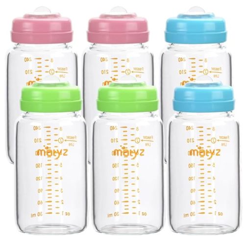 Matyz Glass Breastmilk Storage Bottles, 6 Pack, 8 oz, Compatible With Spectra Medela Breast Pump - Freezer Safe Storage Bottles Set - Wide Mouth Breastmilk Storage Containers - BPA Free (3 Color Lids)