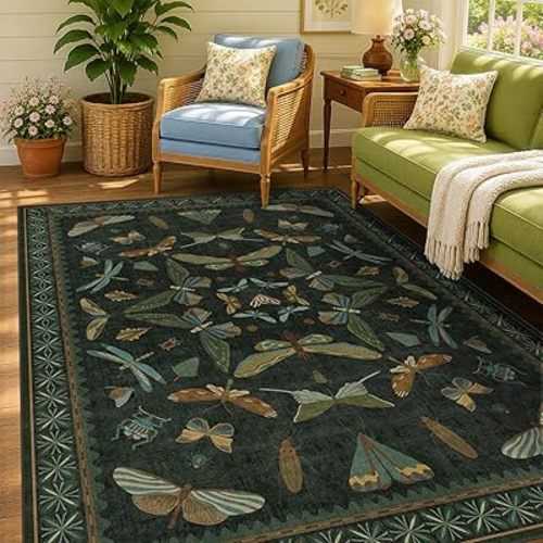 Dark Green Area Rugs 5x7 for Living Room - Fairy Fantasy Moss Rugs for Dining Room Table, Bedroom, Whimsical Insect Boho Moth Décor, Washable Non Skid Soft Carpet