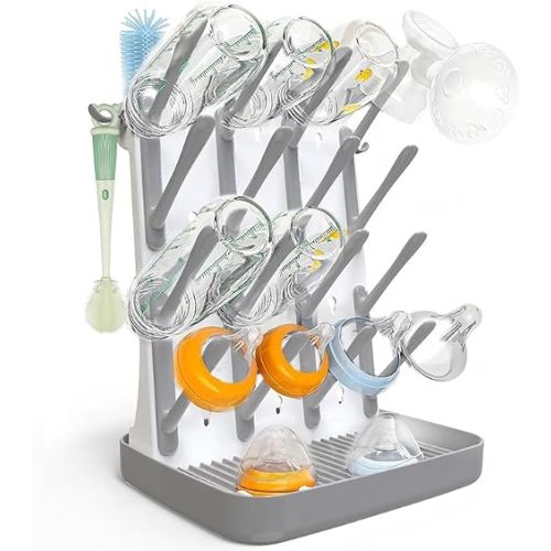 Baby Bottle Drying Rack, Vertical Space Saving Bottle Dryer for Countertop, Holds 12 Bottles, BPA Free Baby Bottle Organizer with Removable Drip Tray for Pacifiers, Pump Parts & Accessories