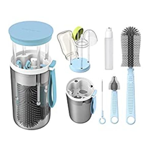 Rrwin Baby Bottle Brush,Todder Nursing Bottle Silicone Brush Travel Set with Nipple Cleaner and Drying Rack (Blue)