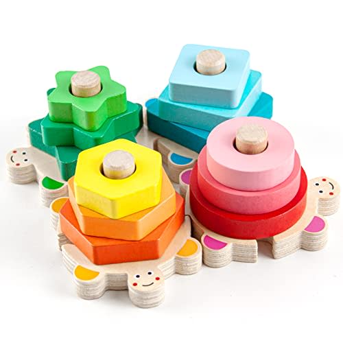 WOOD CITY Montessori Wooden Stacking Toy for Toddlers, Detachable Turtle Shape Sorter with Color & Size Recognition, Early Learning Educational Gift Develops Hand-Eye Coordination & Spatial Awareness