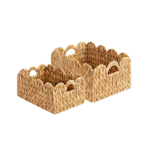LUSYDECO Set of 2 Scalloped Edge Wicker Storage Basket with Built-in Handles, Rectangle Water Hyacinth Basket for Organizing, Decorative Woven Rattan Basket for Shelf, Nursery Room