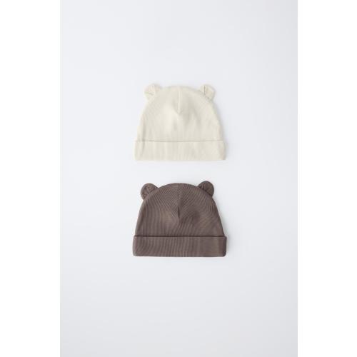 2-PACK OF RIBBED BEANIES WITH EARS - Ecru / Brown | ZARA United States