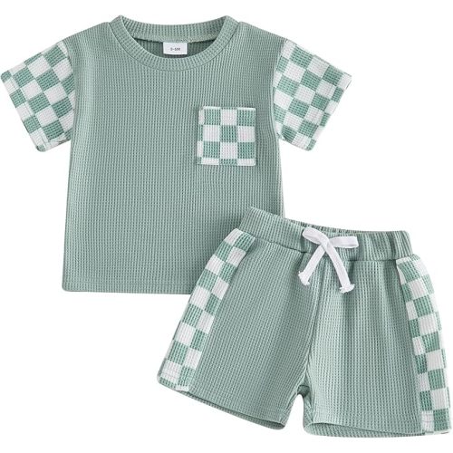 Tsultryofs Baby Boy Summer Clothes Toddler Infant Plaid Patchwork Outfit Short Sleeve Round Neck Tops and Casual Shorts Set