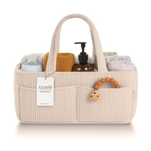 PUTSKA Baby Diaper Caddy Organizer, Nursery Basket (Cream, Corduroy)