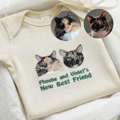Custom Embroidered Cat Portrait Baby Onesie, Personalized Pet Sibling Outfit, Newborn Gift, Dog Baby Bodysuit, 1st Birthday Gift for Bab