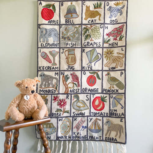 Handmade alphabet ABC crewel embroidered children's wall hanging tapestry | Sumbal | luxury new baby, first birthday or christening gift – Moppet