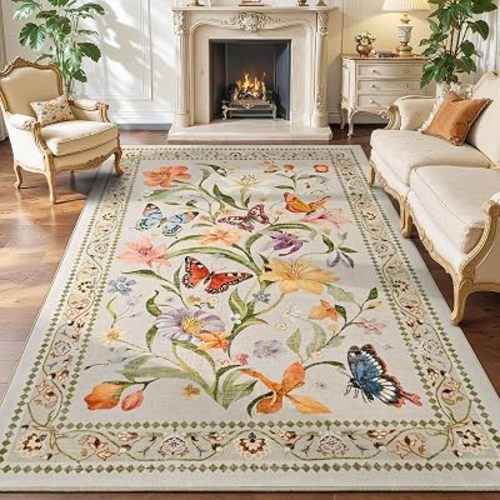 Beige Floral 5x7 Washable Area Rug, Non-Slip Low-Pile Carpet for Living Room, Bedroom