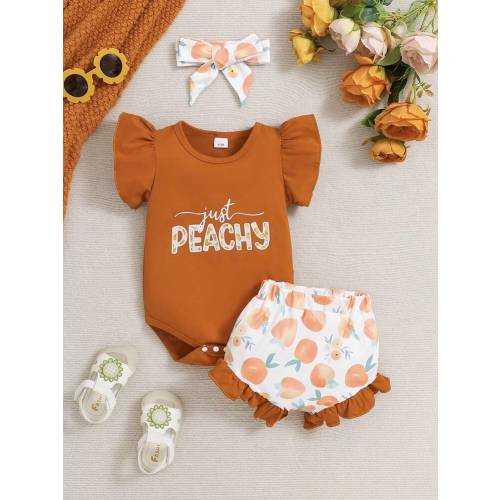 Newborn Infant Baby Girl Summer Clothes Ruffle Sleeve Just Peachy Bodysuit+Peach Bloomer Short+Headband 3Pcs Outfit | SHEIN USA