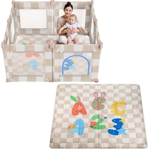 Baby Playpen & Play Mat, 50 x 50 in Play Pen for Babies and Toddlers, Foldable Baby Playpen - Sand Checks