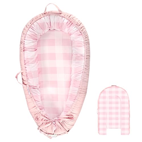 DILIMI Baby Lounger Cover, Cotton Baby Nest Replacement Cover for Girls Boys, Soft Breathable Reversible Newborn Lounger Cover, Pink Checkered (Only Cover)