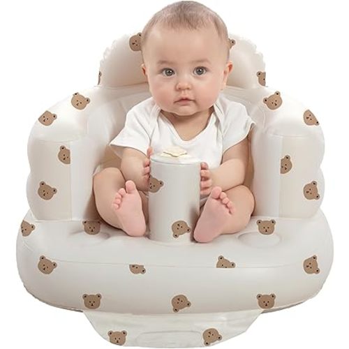 Inflatable Baby Seat for Babies 3-36 Months, Built in Air Pump Baby Chair Sit Me up Floor Seat for Baby, Bumbo Seat for Learning to Sit, Feeding, Camping (Bear)