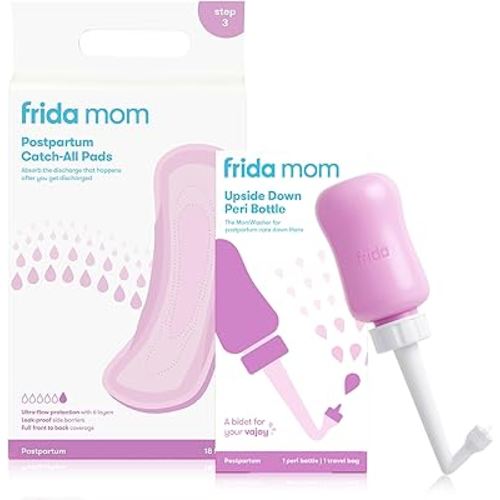 Bundle of Frida Mom Upside Down Peri Bottle + Postpartum Maternity Catch-All Pads for Postpartum Care and Perineal Recovery After Birth