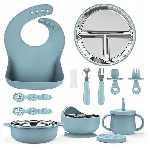 13 Pack Silicone Baby Feeding Set, BPA-Free Toddler Feeding Supplies, Include Suction Plates, Baby Bowls, Silicone Fork & Spoon, and More, First Stage Baby Dish Set - 6+ Months